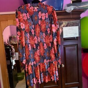 Farm Rio XL Smocked Floral Dress – Vibrant Boho Balloon Sleeve Style